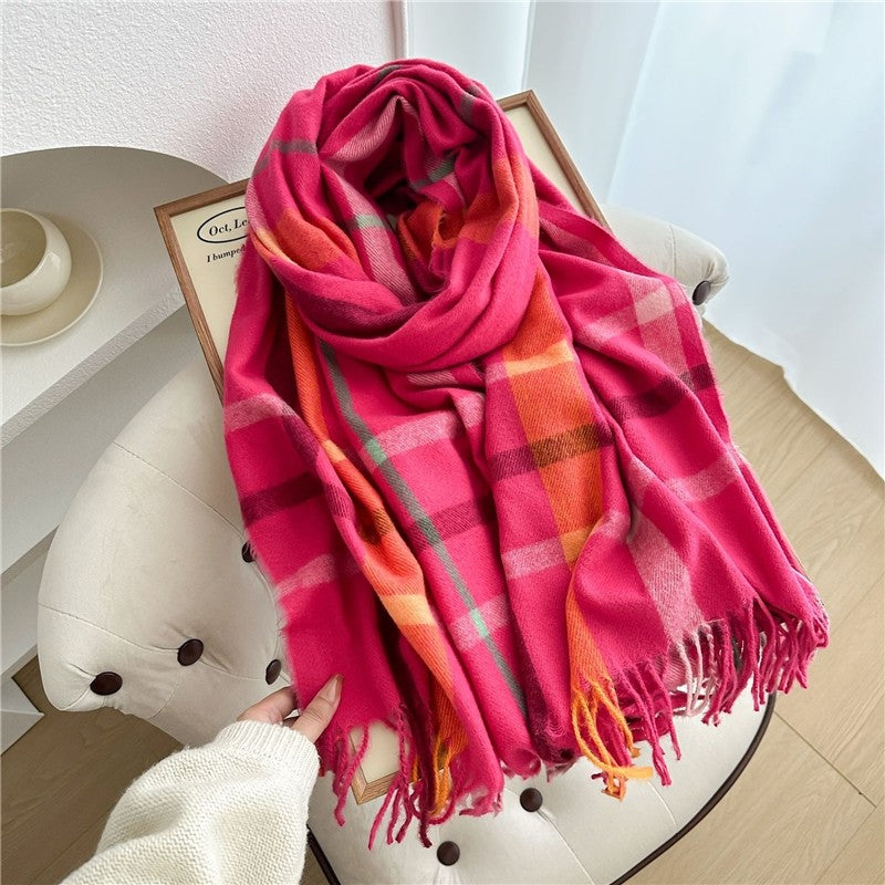 Color Block Plaid Fringe Scarf