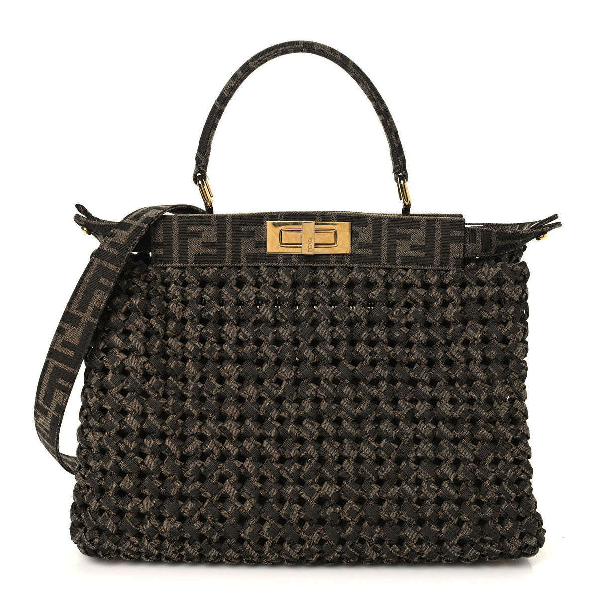 Fabric Jacquard FF 1974 Woven Knotted Medium Peekaboo Iconic Satchel Tobacco Moro