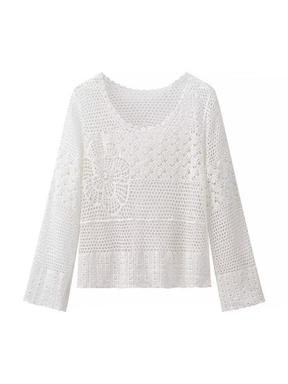 Crosa - Hollow Knitted Round Neck Long-sleeved Top