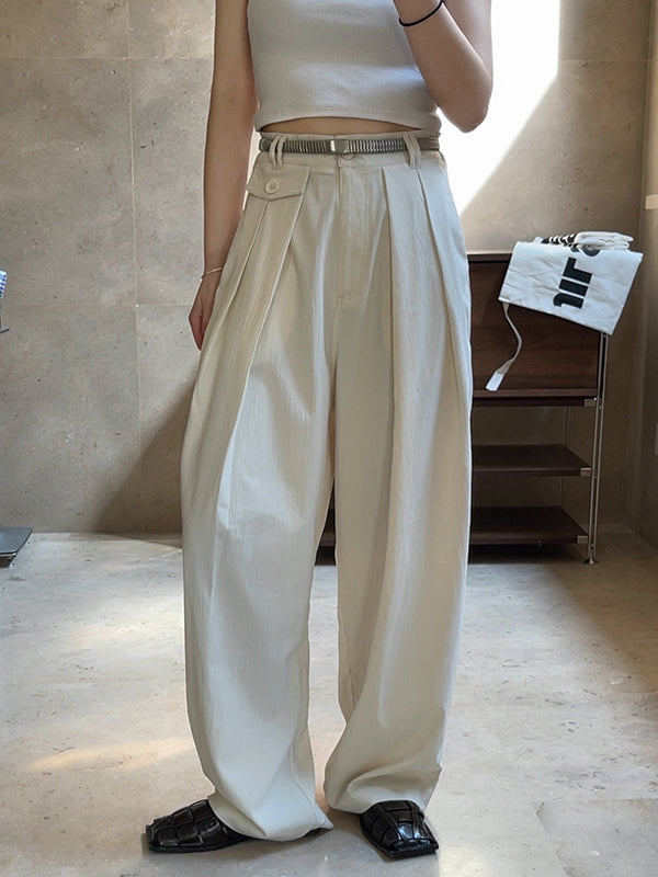 Original Simple Casual Loose Wide Legs Pleated Solid Color Pants