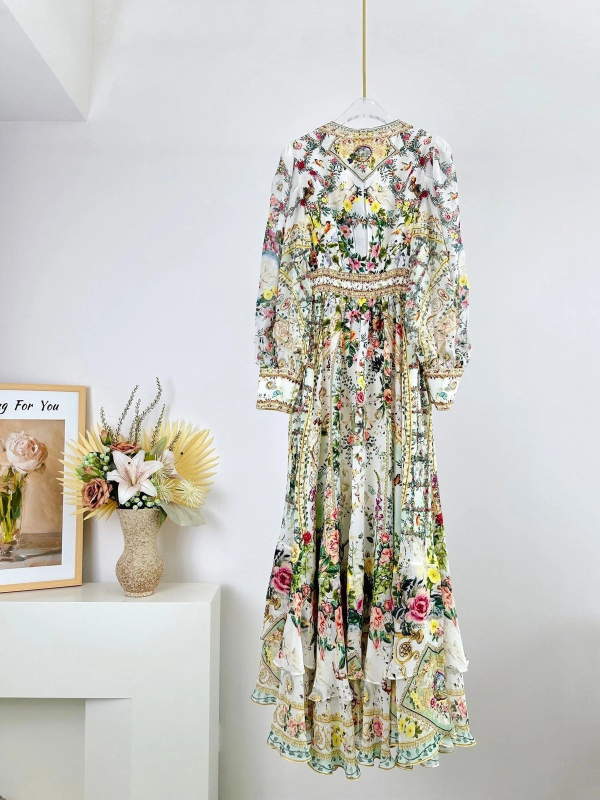 V-NECK LAYERED SILK PRINT MAXI DRESS