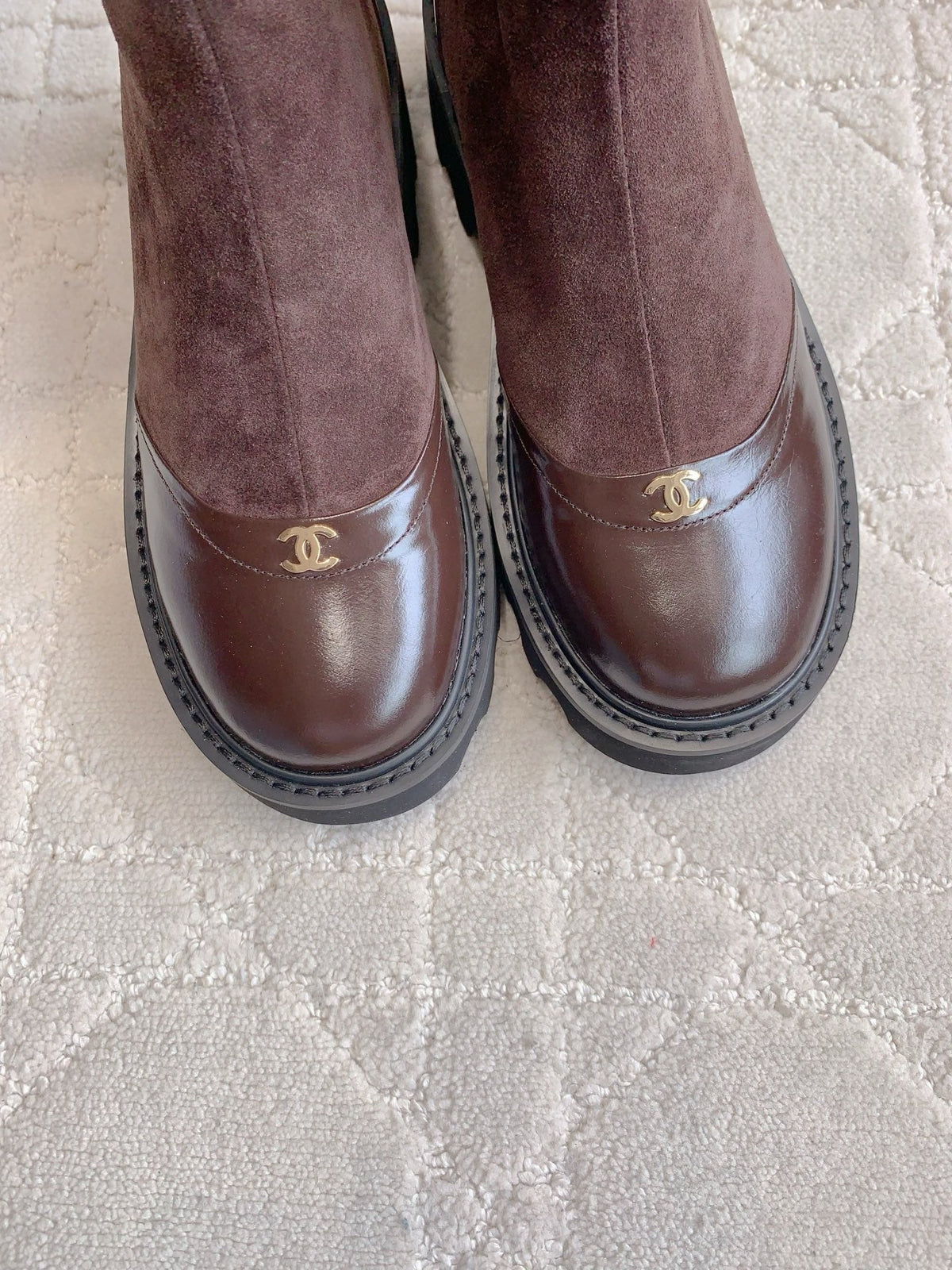 CC New Platform Ankle Boots Dark Burgundy Suede Glossy Sheepskin