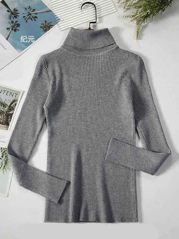 Casual Long Sleeves Skinny Solid Color High-Neck Sweater Tops
