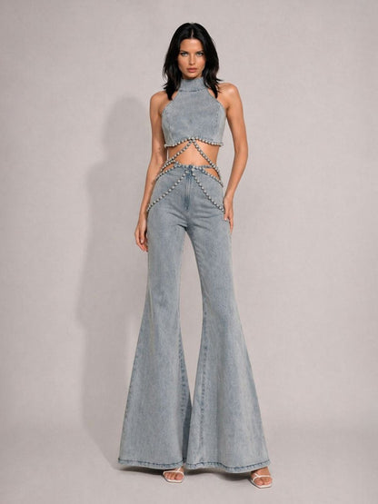 Aislinn Rhinestone-Embellished High-Waisted Denim Two Piece Set