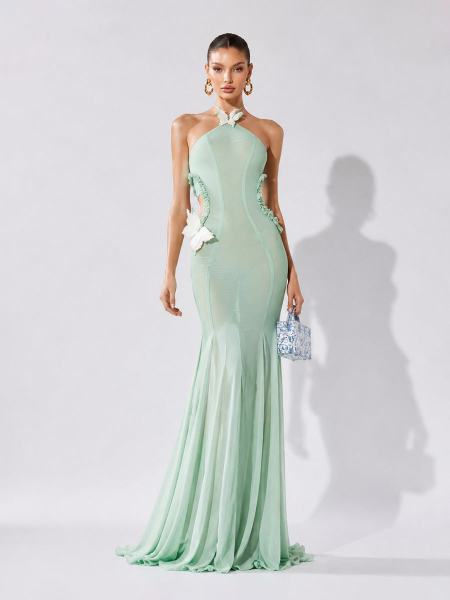 Yasmine Butterfly-Embellished Cut-Out Halter Maxi Dress