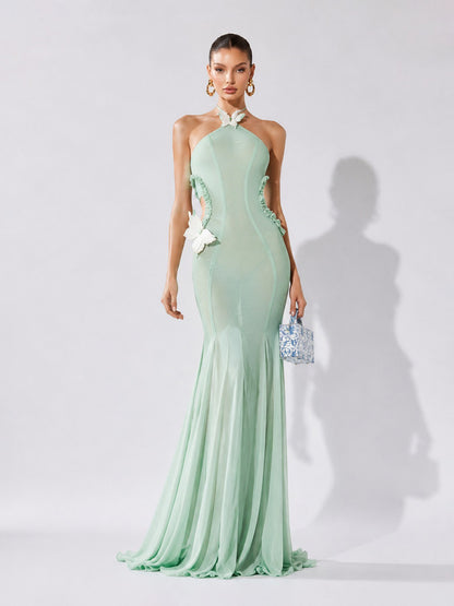Yasmine Butterfly-Embellished Cut-Out Halter Maxi Dress