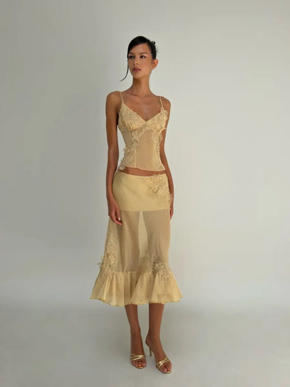 Rosalie Lace Appliqué Mesh Two Piece Midi Set in Yellow