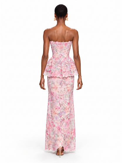 Keira Strapless Floral Peplum Maxi Dress