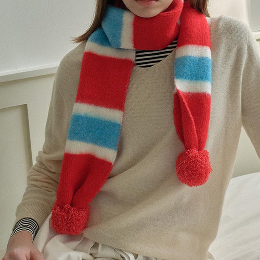 Cute Knit Striped Scarf with Pom Pom