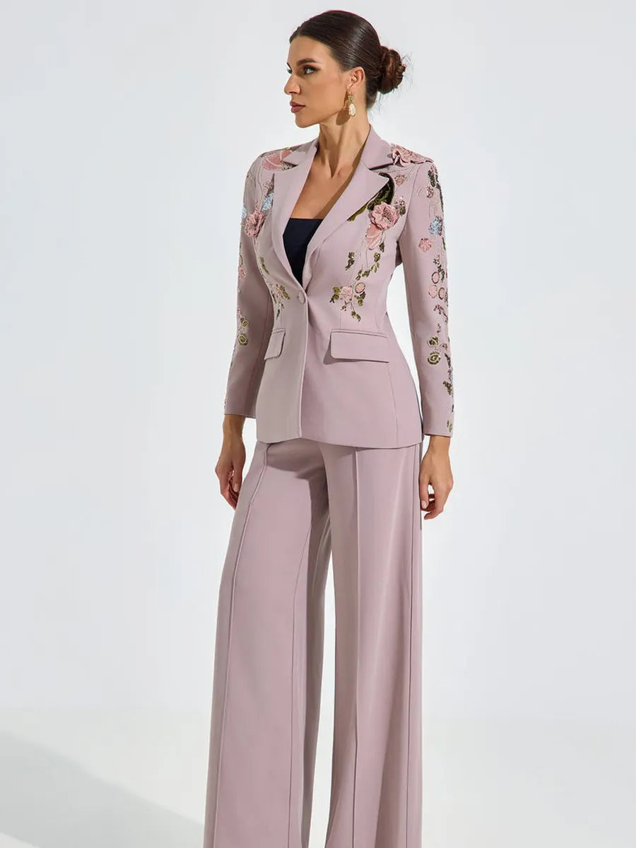 Amelia Embroidered Blush Pantsuit Set