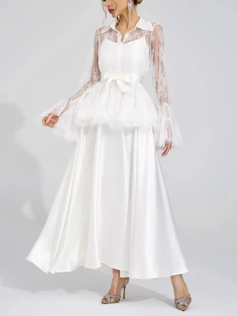 Aurora Lace Peplum Collared Satin Maxi Dress Set