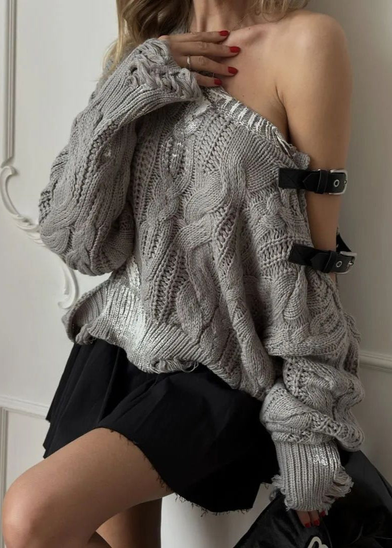 Asymmetrical Cable Knit Sweater With Buckle Details