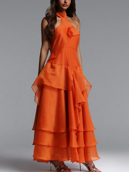 Luna Halter Ruffled Chiffon Tiered Midi Dress