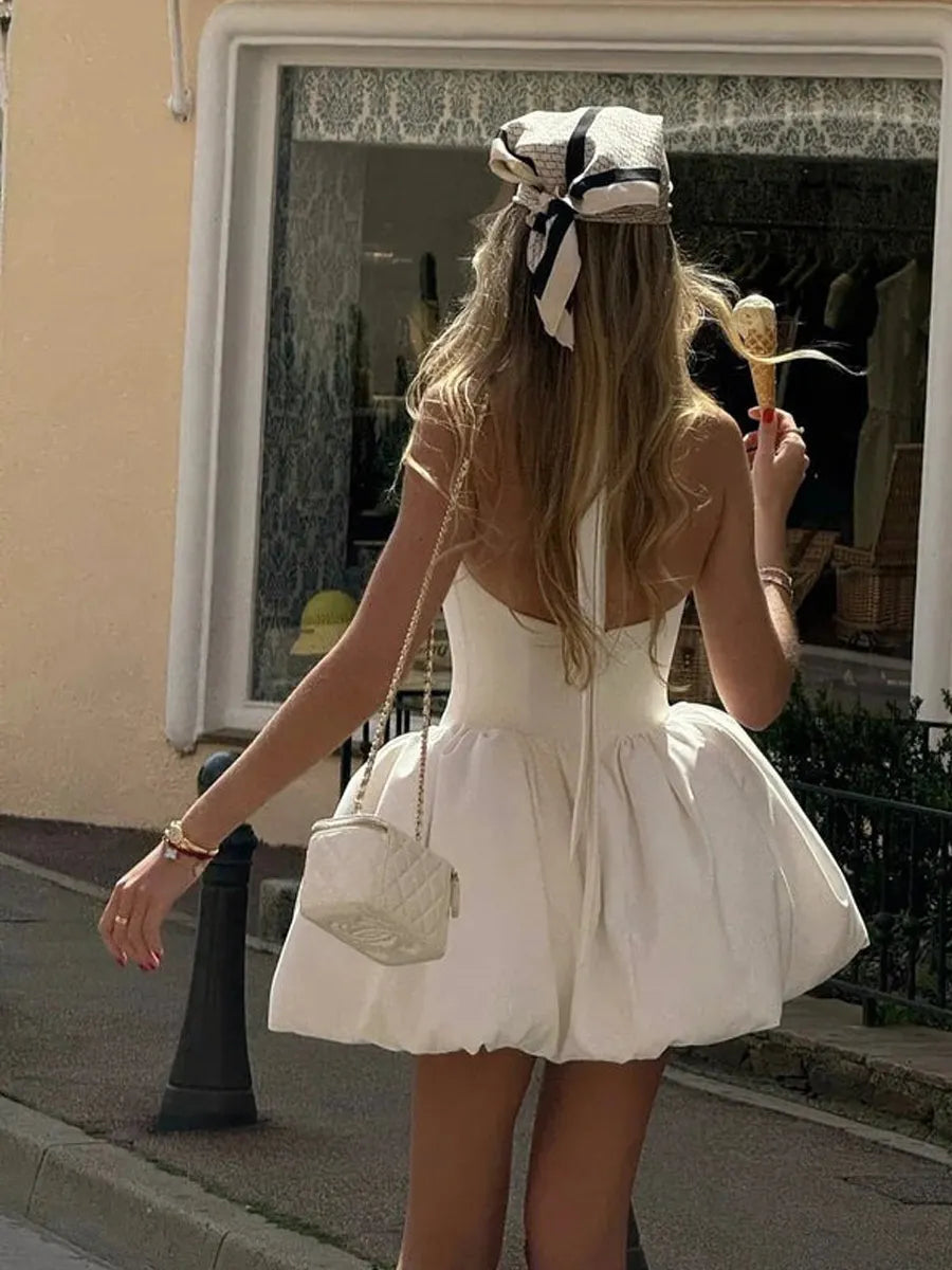 Mabel Tea Time White Puff Mini Dress