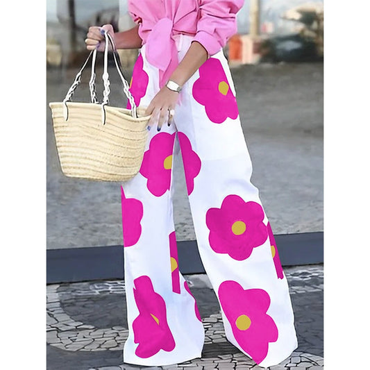Loose Wide Leg Contrast Color Floral Printed Casual Pants Bottoms