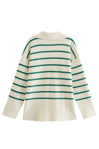 Loose-fitting Striped Sweater with Lapel Collar