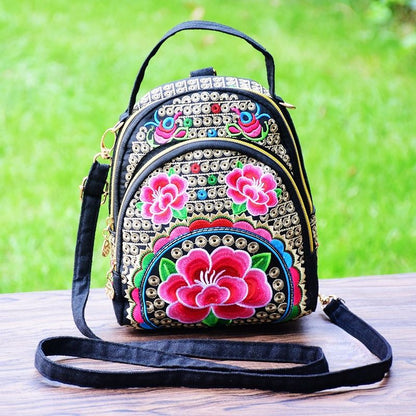 New National Style Multi-Function Diagonal Single Shoulder Portable Double Shoulder Canvas Embroidery Flower Bag