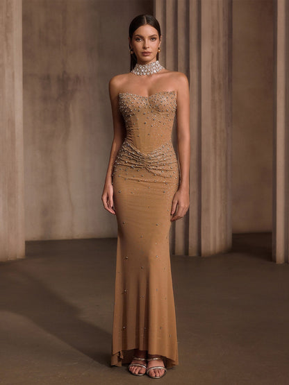 Malia Strapless Rhinestone Corset Maxi Dress