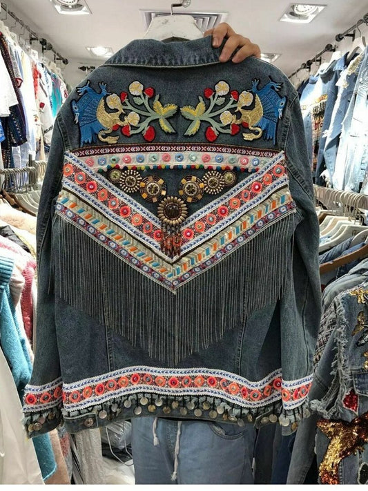National Wind Thai Heavy Duty Embroidery Stitching Flow Su Loose Long-Sleeved Denim Jacket