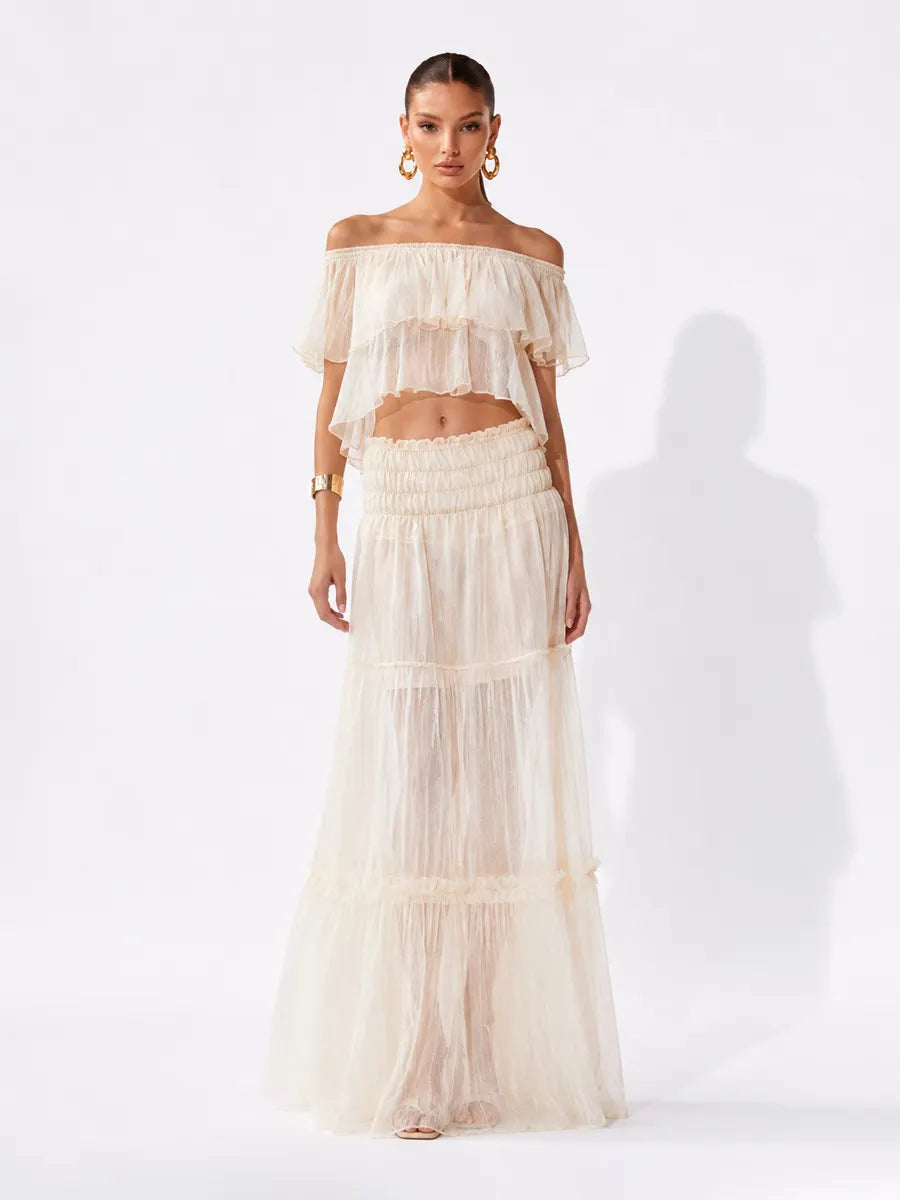 Raquel Elegant Off-Shoulder Top and Mesh Maxi Skirt Set