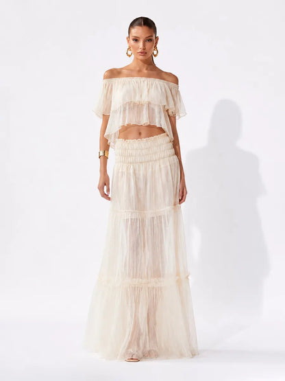 Raquel Elegant Off-Shoulder Top and Mesh Maxi Skirt Set
