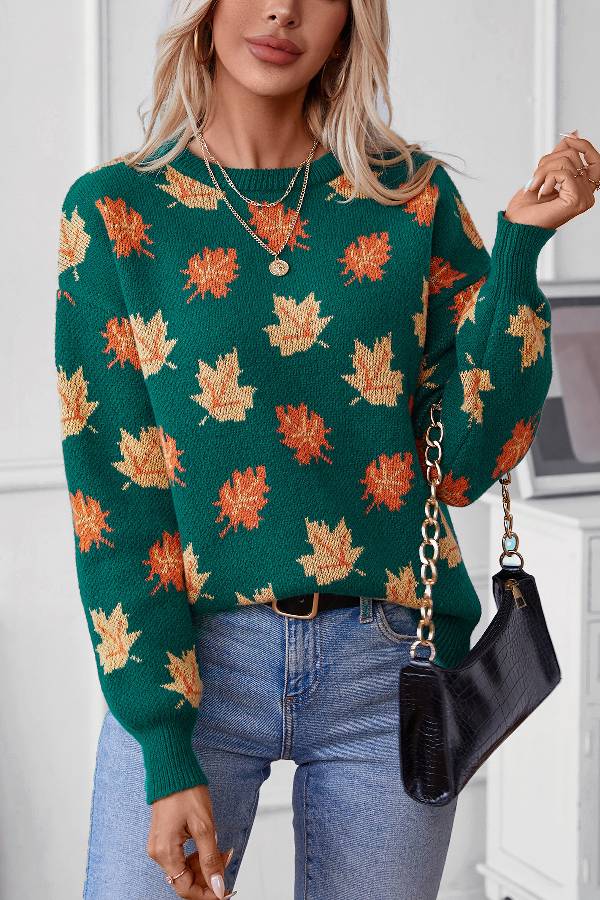 Maple Leaf Pattern Jacquard Casual Pullover Sweater for Women
