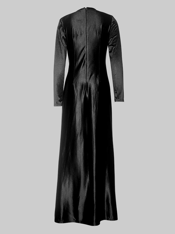 Bodycon Long Sleeves Pleated Solid Color Split-Front Tied Waist Deep V-Neck Maxi Dresses