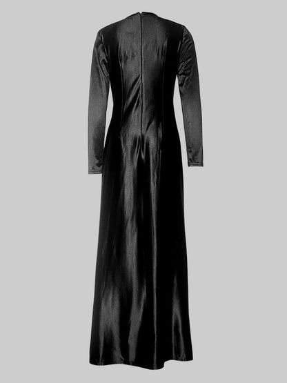 Bodycon Long Sleeves Pleated Solid Color Split-Front Tied Waist Deep V-Neck Maxi Dresses