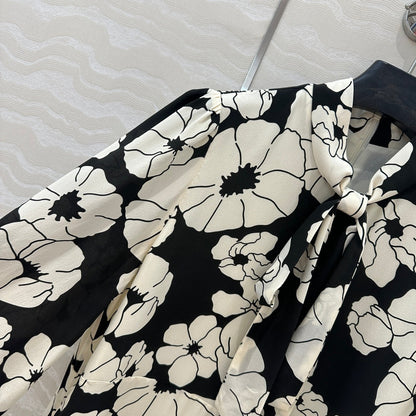 Celine Flower Dress Black mix White Silk