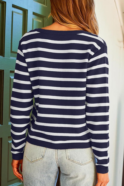Casual Daily Stripe Buttons Weave O Neck Outerwear