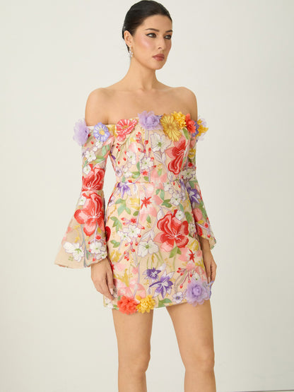 Mila Multi Floral Applique Off Shoulder Mini Dress