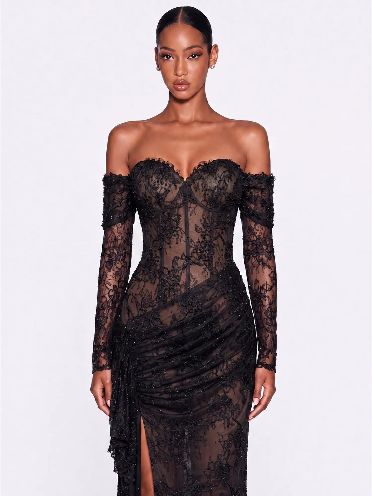 Cosima Rhinestone Strapless Lace Maxi Dress