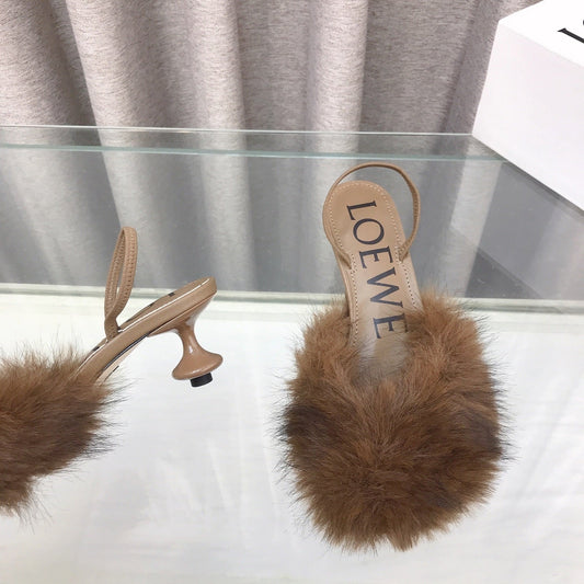 Loewe 25SS Fur-lined Mule 60 Brown in Fox Fur 597436