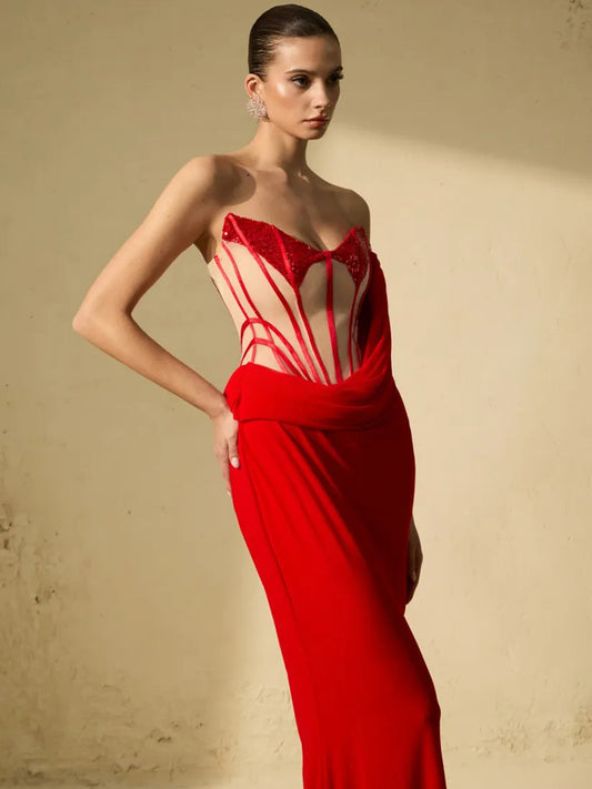 Callista Corset Bodice Draped Maxi Dress