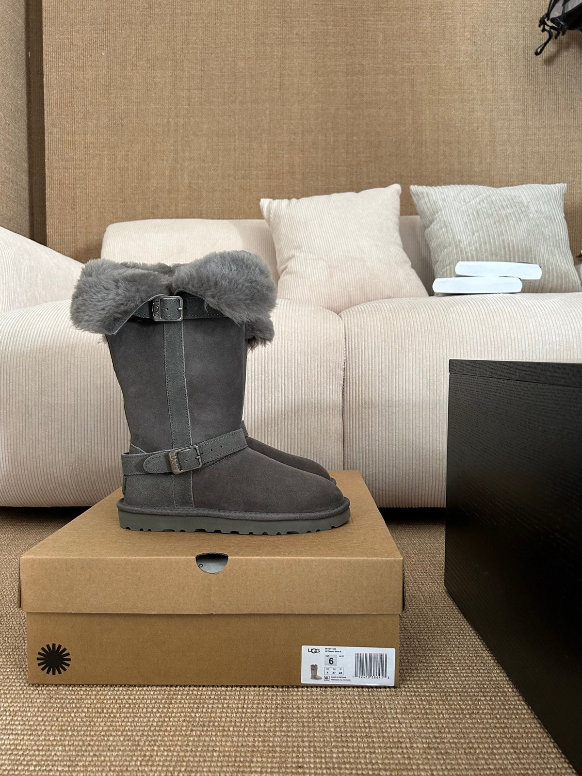 UGG Platform Foldable Tall Boots Grey Suede Shearing