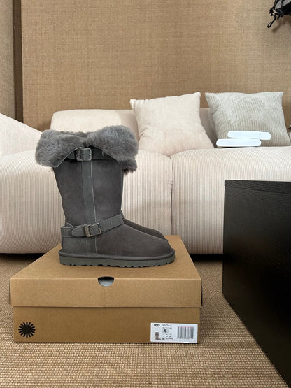UGG Platform Foldable Tall Boots Grey Suede Shearing