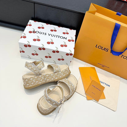LV Maya Platform Sandals 6cm Beige Cowhide Denim 572498