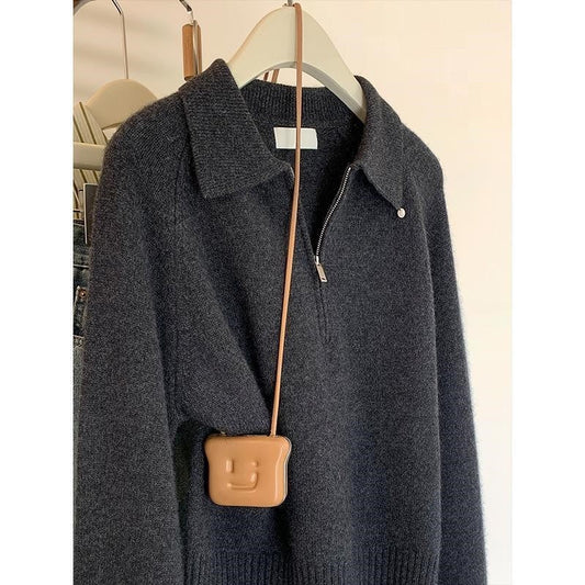Solid Color Loose Collar Zipper Sweater Dacron Acrylic