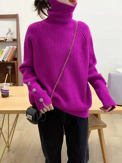 Casual Loose Long Sleeves Solid Color High-Neck Sweater Tops