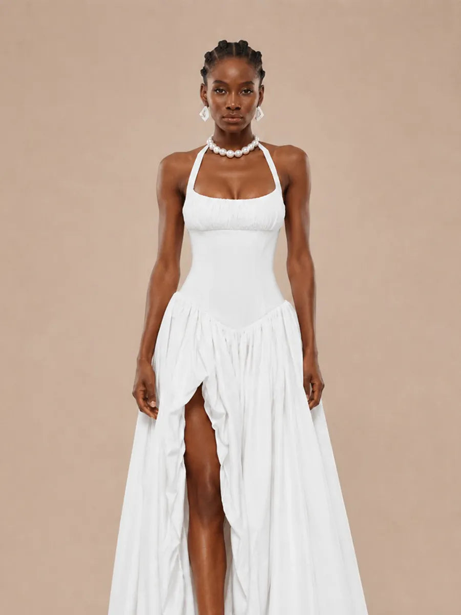 Shayla Halter-neck Ruffled Maxi Dress with Slit