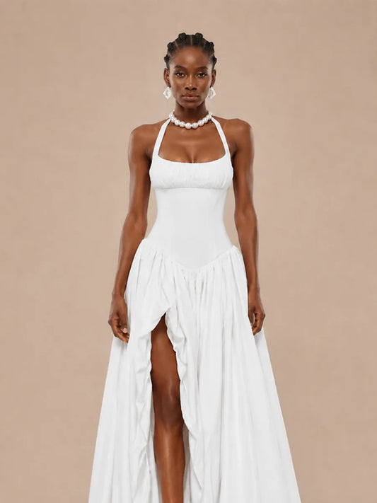 Shayla Halter-neck Ruffled Maxi Dress with Slit