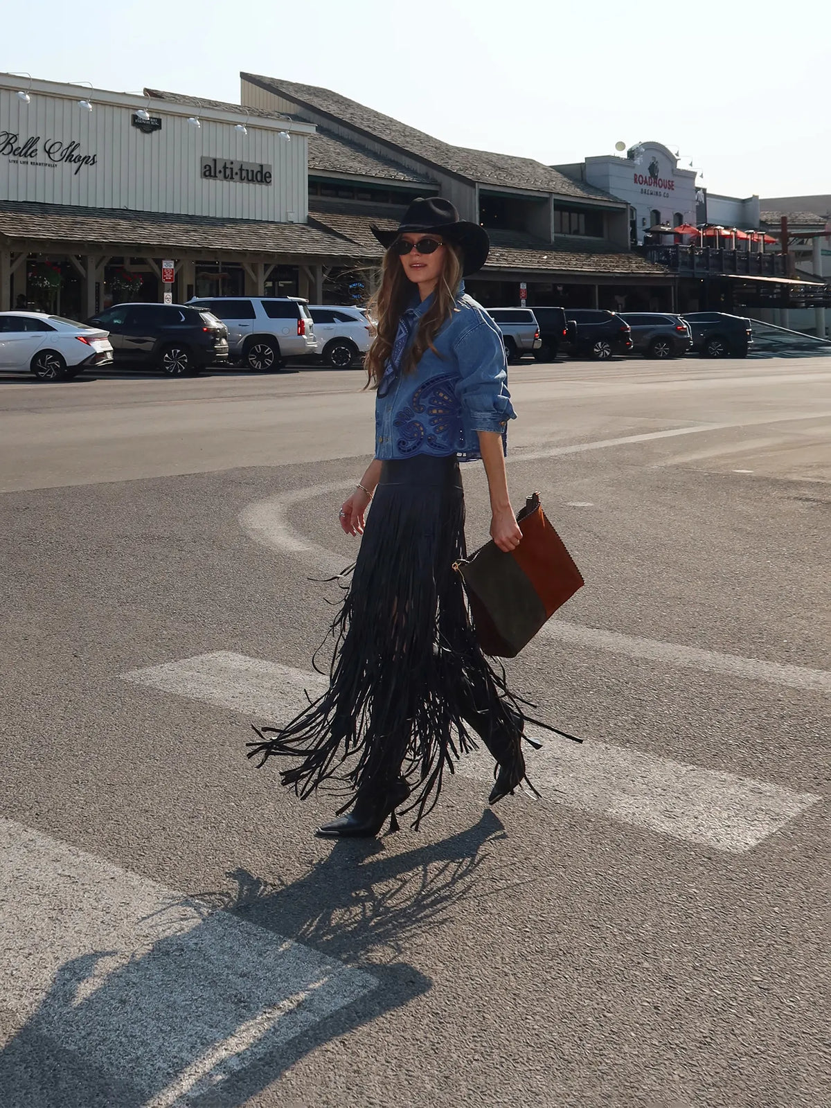 Roselyn Denim Jacket and Leather Fringe Skirt Set