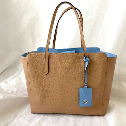 Gucci Tan and Blue Leather Swing Tote Bag