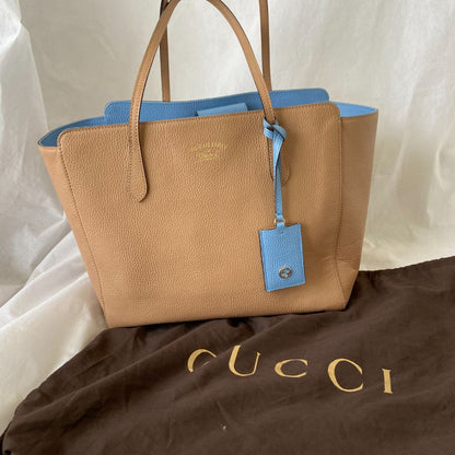 Gucci Tan and Blue Leather Swing Tote Bag