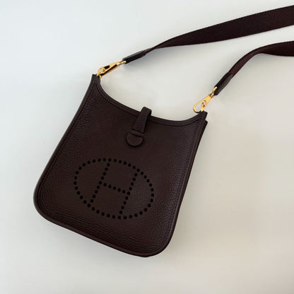 Hermès Chocolate Clemence Leather Evelyn TPM bag