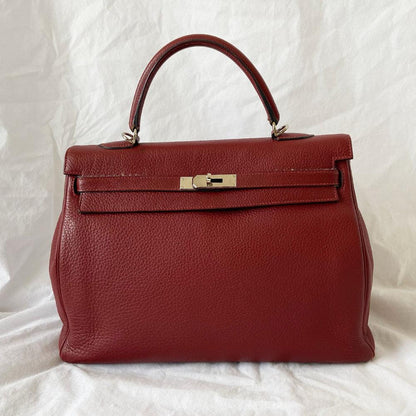 Hermes Rouge Fjord Leather Palladium Hardware Kelly 35 Bag
