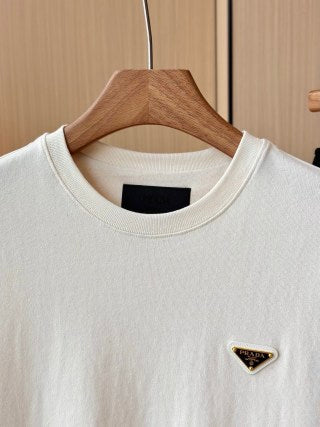 Prada Triangle Logo Round Neck T-shirt Beige Cotton