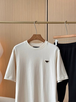 Prada Triangle Logo Round Neck T-shirt Beige Cotton