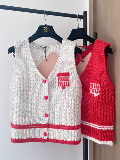 Miumiu 2025 Knitted Vest Red and White Wool