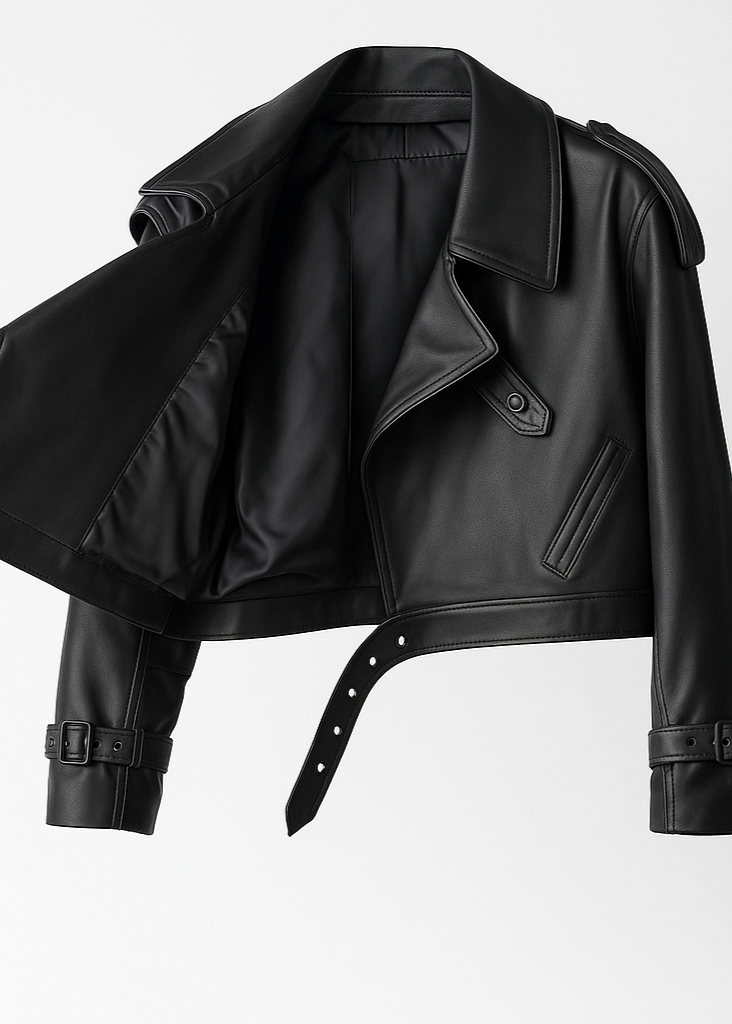 Cropped Faux Leather Biker Jacket Belted Moto Style